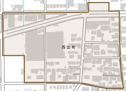 西出町とその周辺の地図。町の範囲を重ねている