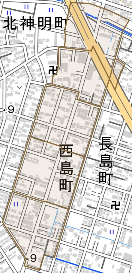 西島町とその周辺の地図。町の範囲を重ねている