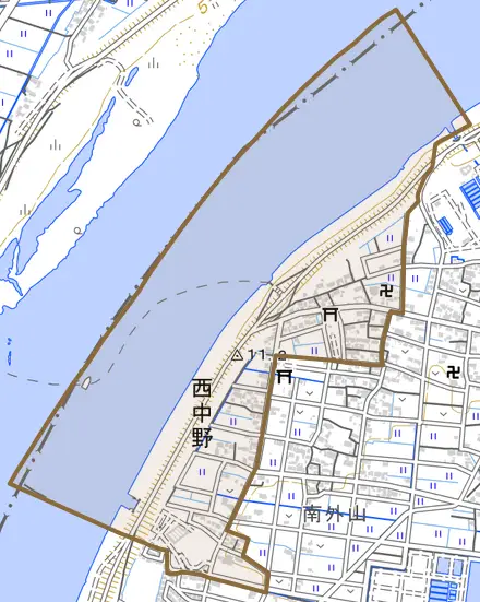 西中野とその周辺の地図。町の範囲を重ねている