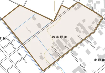 西小原町とその周辺の地図。町の範囲を重ねている