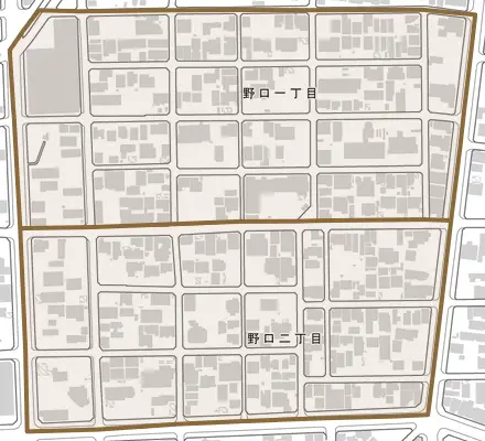 野口とその周辺の地図。町の範囲を重ねている