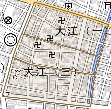 大江とその周辺の地図。町の範囲を重ねている