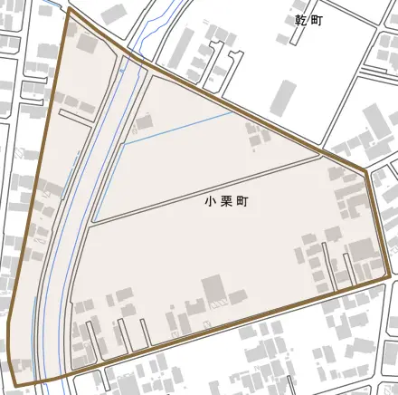 小栗町とその周辺の地図。町の範囲を重ねている