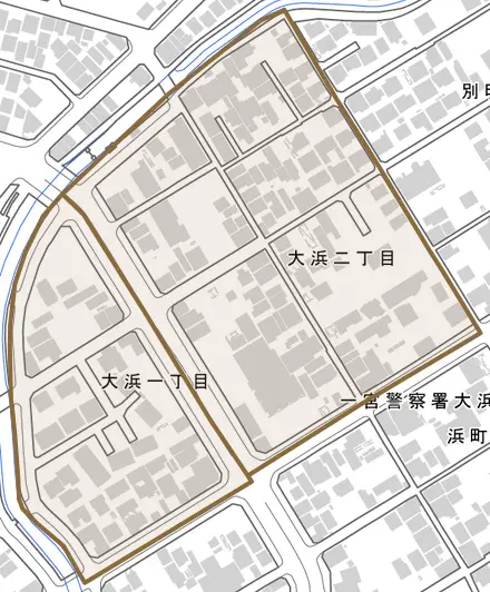 大浜とその周辺の地図。町の範囲を重ねている