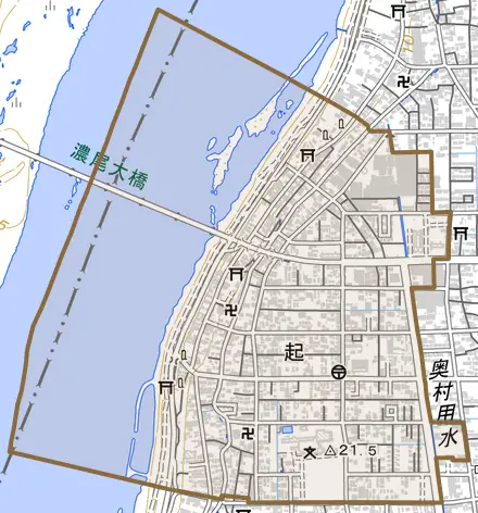 起とその周辺の地図。町の範囲を重ねている