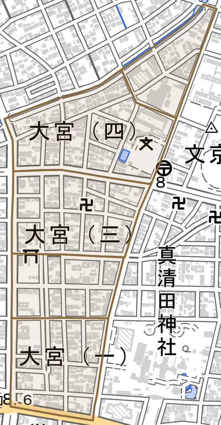 大宮とその周辺の地図。町の範囲を重ねている