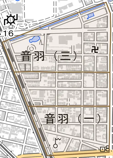 音羽とその周辺の地図。町の範囲を重ねている