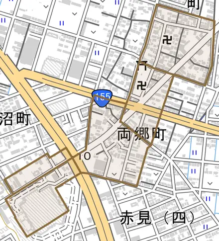 両郷町とその周辺の地図。町の範囲を重ねている