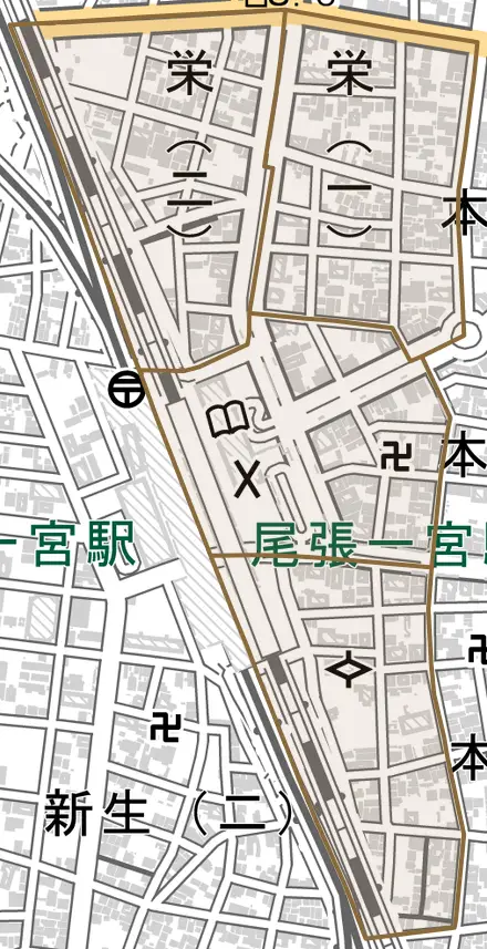 栄とその周辺の地図。町の範囲を重ねている
