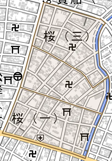 桜とその周辺の地図。町の範囲を重ねている