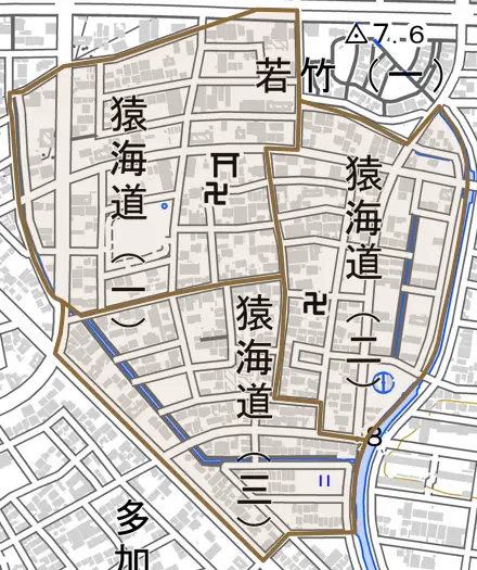 猿海道とその周辺の地図。町の範囲を重ねている