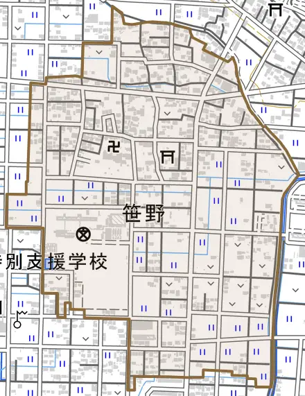笹野とその周辺の地図。町の範囲を重ねている