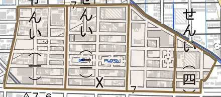 せんいとその周辺の地図。町の範囲を重ねている