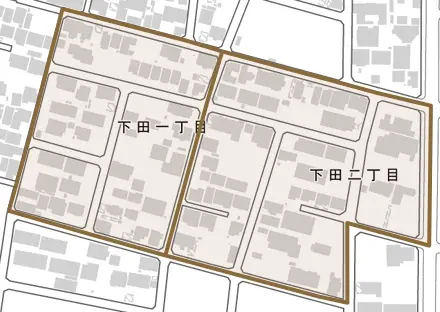 下田とその周辺の地図。町の範囲を重ねている