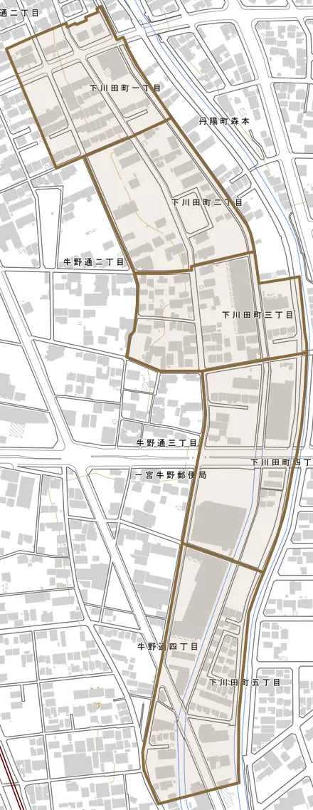 下川田町とその周辺の地図。町の範囲を重ねている