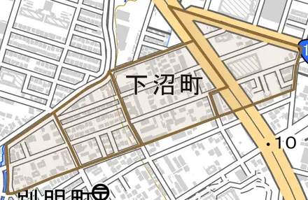 下沼町とその周辺の地図。町の範囲を重ねている