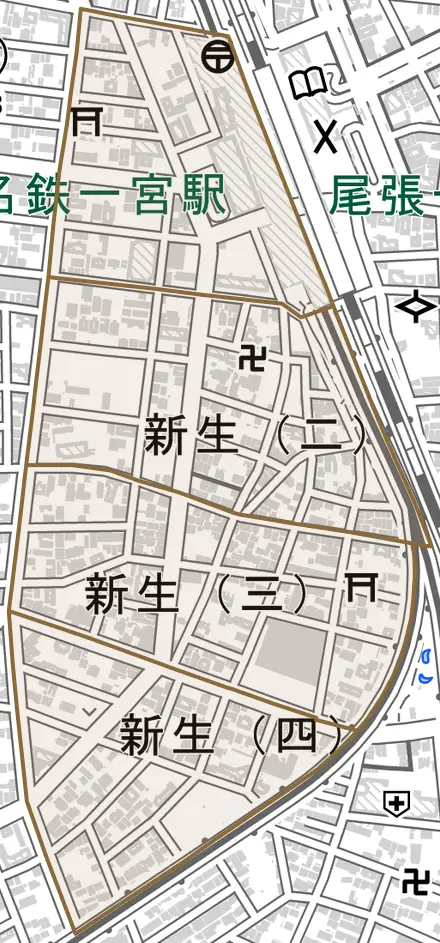 新生とその周辺の地図。町の範囲を重ねている