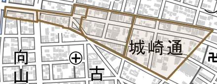 城崎通とその周辺の地図。町の範囲を重ねている