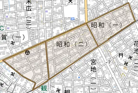 昭和とその周辺の地図。町の範囲を重ねている
