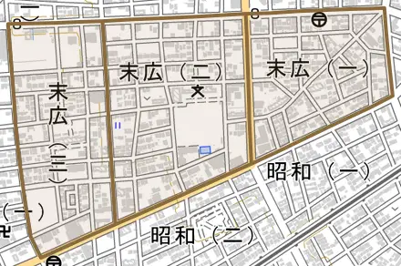 末広とその周辺の地図。町の範囲を重ねている