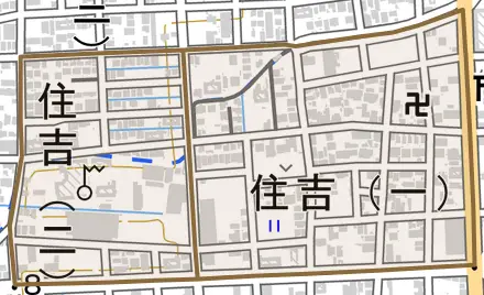 住吉とその周辺の地図。町の範囲を重ねている