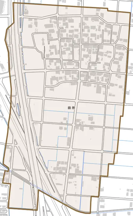 田所とその周辺の地図。町の範囲を重ねている