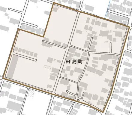 田島町とその周辺の地図。町の範囲を重ねている