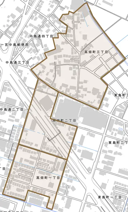 高畑町とその周辺の地図。町の範囲を重ねている