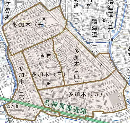 多加木とその周辺の地図。町の範囲を重ねている