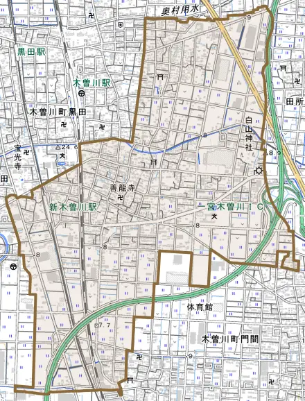 高田とその周辺の地図。町の範囲を重ねている