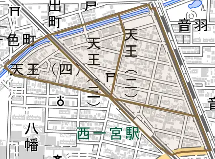 天王とその周辺の地図。町の範囲を重ねている