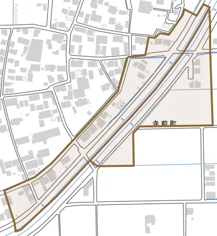 寺前町とその周辺の地図。町の範囲を重ねている