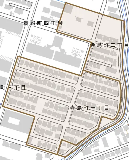 寺島町とその周辺の地図。町の範囲を重ねている