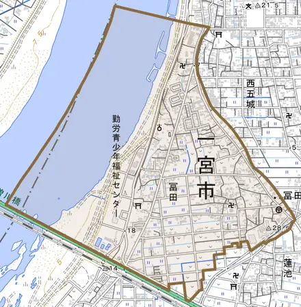 冨田とその周辺の地図。町の範囲を重ねている