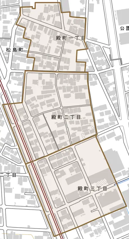 殿町とその周辺の地図。町の範囲を重ねている