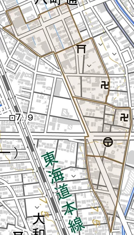 牛野通とその周辺の地図。町の範囲を重ねている
