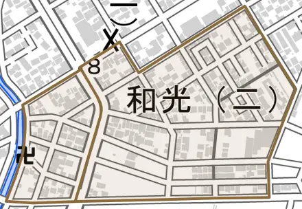和光とその周辺の地図。町の範囲を重ねている