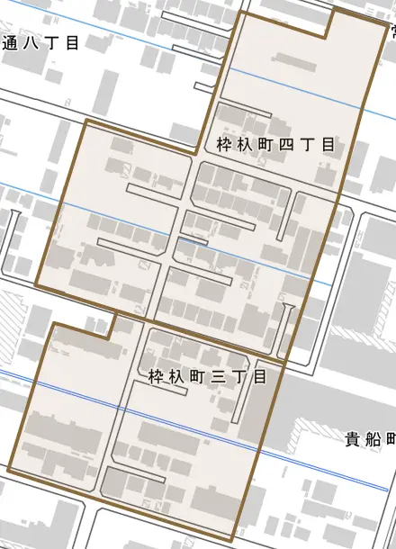 枠杁町とその周辺の地図。町の範囲を重ねている