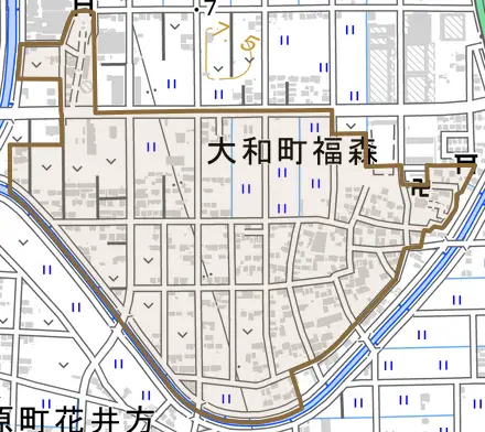 大和町福森とその周辺の地図。町の範囲を重ねている