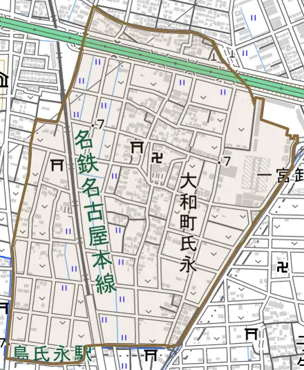 大和町氏永とその周辺の地図。町の範囲を重ねている