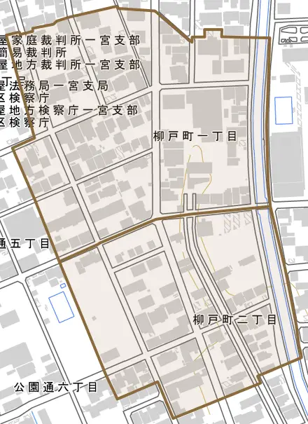 柳戸町とその周辺の地図。町の範囲を重ねている
