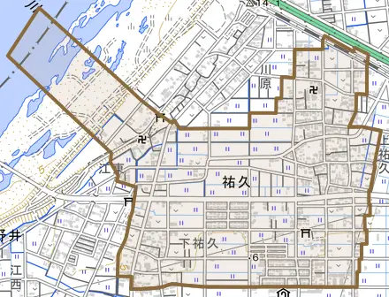 祐久とその周辺の地図。町の範囲を重ねている