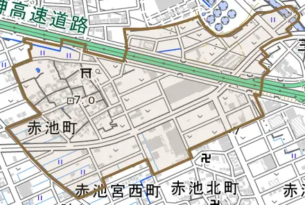赤池町とその周辺の地図。町の範囲を重ねている