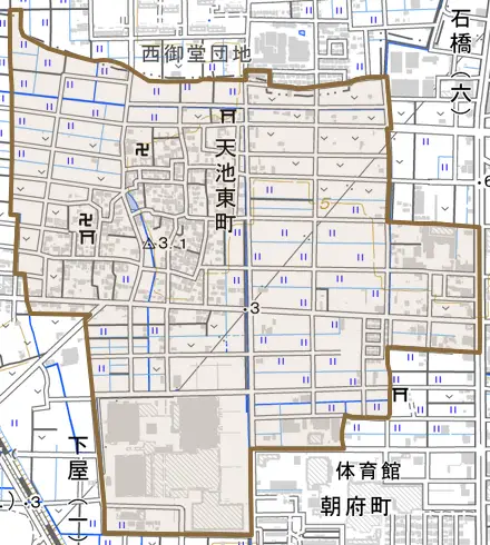 天池西町とその周辺の地図。町の範囲を重ねている