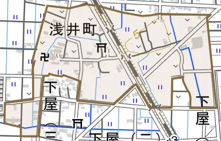 浅井町とその周辺の地図。町の範囲を重ねている