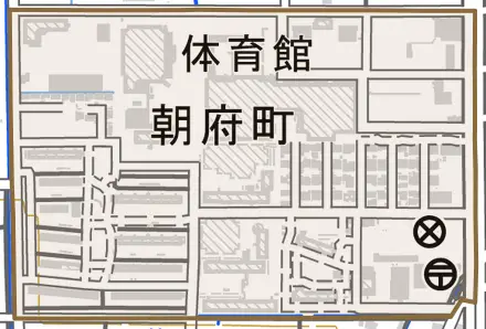 朝府町とその周辺の地図。町の範囲を重ねている