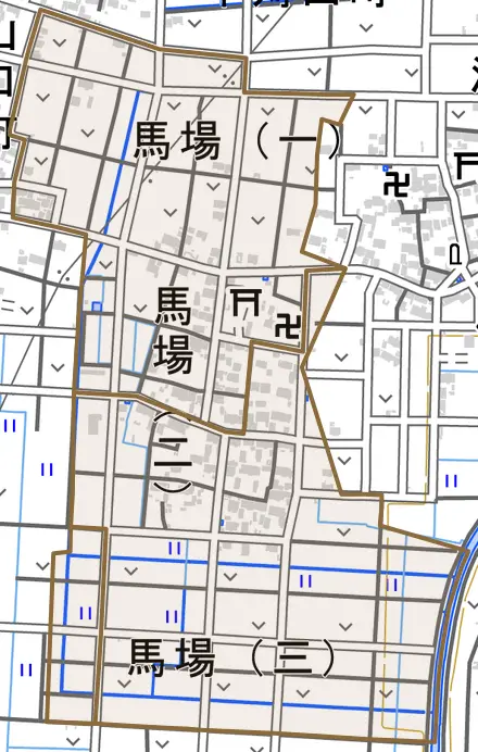 馬場とその周辺の地図。町の範囲を重ねている