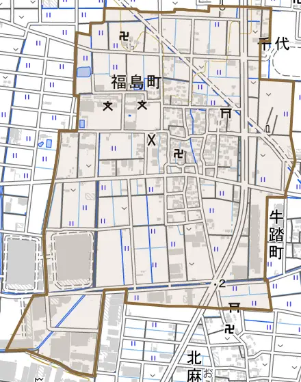福島町とその周辺の地図。町の範囲を重ねている