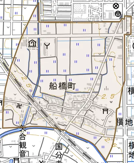 船橋町とその周辺の地図。町の範囲を重ねている