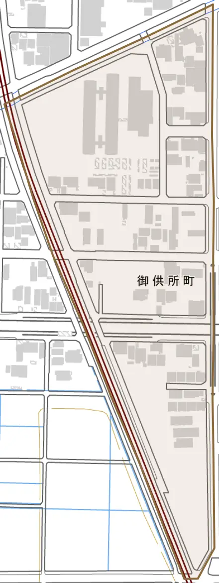 御供所町とその周辺の地図。町の範囲を重ねている